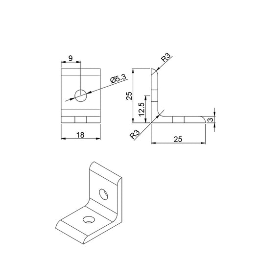 Sleek 2020 series 2-hole lite inside corner bracket for T-slot aluminium extrusion, low-profile design without gusset