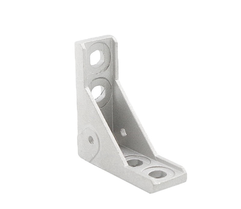 Black powder coated 2020 series 4-hole inside corner bracket with integrated center hole for panel attachment, die-cast aluminium construction 2