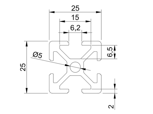 End view cross-section of a 2525 aluminum T-slot profile showing 25mm x 25mm dimensions and 4-slot layout for modular framing.