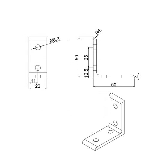 Industrial 2525 series 4-hole lite inside corner tall bracket for T-slot aluminium extrusion, silver finish without gusset dimensions