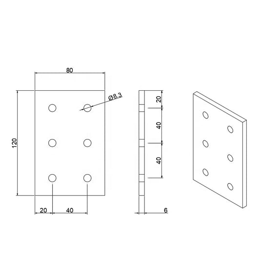 6-hole rectangular flat joining plate for connecting 4040 to 4080 series T-slot aluminium extrusion dimensions
