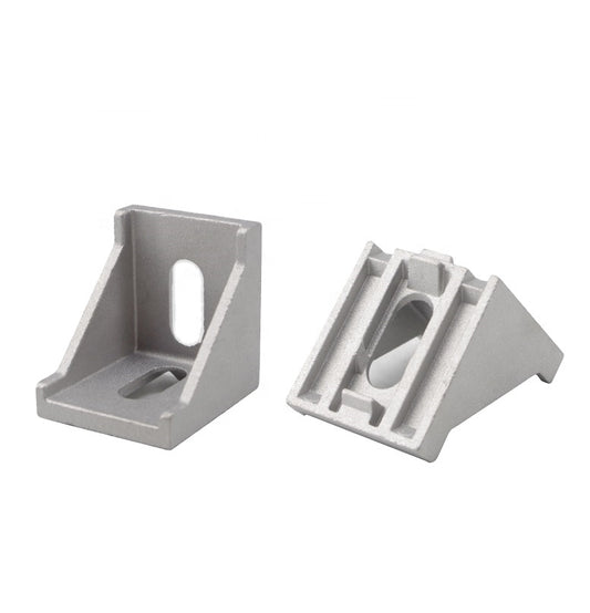 Silver 4040 series die cast aluminium 2-hole inside corner bracket with reinforcement gusset for T-slot profiles