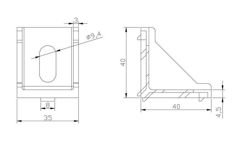 Silver 4040 series die cast aluminium 2-hole inside corner bracket with reinforcement gusset for T-slot profiles