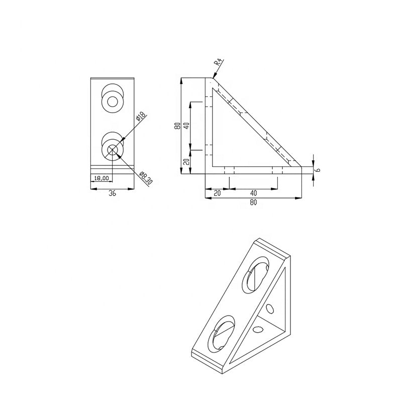 Heavy-duty 4040 series 4-hole tall inside corner bracket with reinforcement gusset, die-cast aluminium for T-slot extrusion joints dimensions