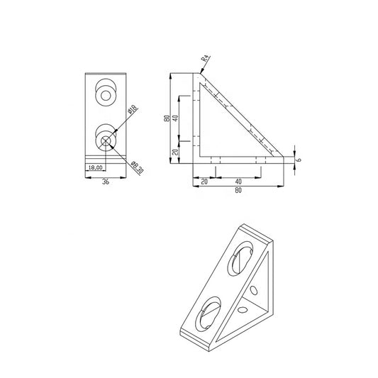 Heavy-duty 4040 series 4-hole tall inside corner bracket with reinforcement gusset, die-cast aluminium for T-slot extrusion joints dimensions