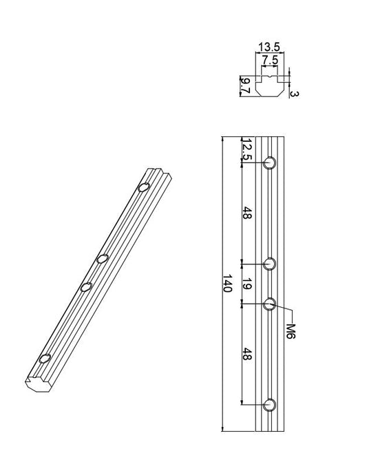Profile Joining Bar - 4040 T-Slot Concealed T-Connector 7.5wide x 9.7mm tall cross section
