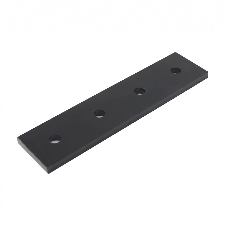 Black heavy-duty 4-hole rectangular flat joining plate for 4040 series T-slot aluminium extrusion, silver anodized steel splice connector.