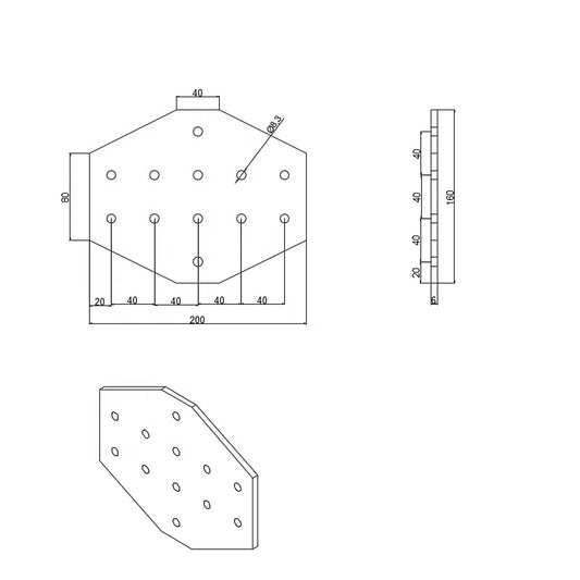 Dimensions for heavy-duty 12-hole cross-shape flat joining plate for 4040 to 4080 series T-slot aluminium extrusion, reinforced steel connector for structural intersections