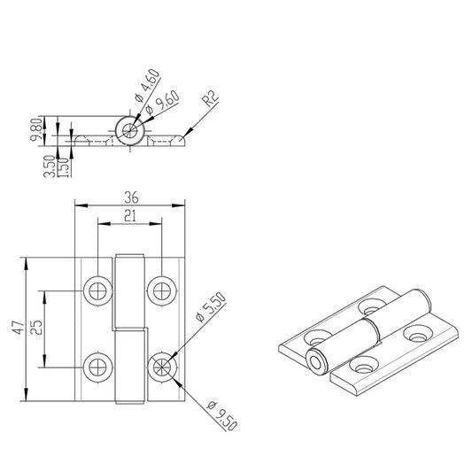 2020-T-Slot CNC'D Aluminum Lift-Off Door Hinge LHS - Long style