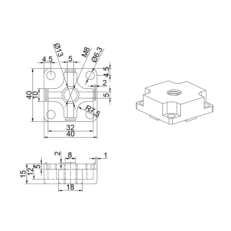 4040 Zinc Baseplate with M8 Hole - BLACK