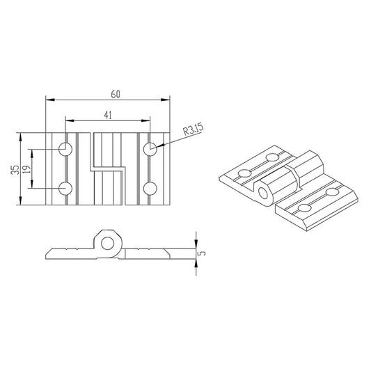 4040-T-Slot CNC'D Aluminum Black Anodized Standard Lift-Off Door Hinge LHS