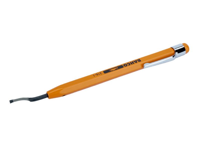 Handheld deburring tool with a 360-degree swivel blade for smoothing sharp edges on aluminum T-slot profiles and copper pipes