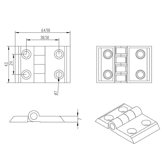 3045-T-Slot Die Cast Zinc Powder Coated Silver Standard Door Hinge - Short Style