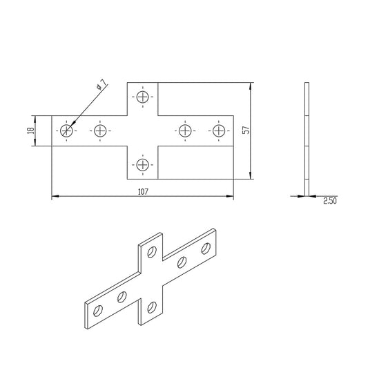 Matte black powder coated steel cross-shape flat plate for reinforcing 2020, 2525, and 4040 T-slot aluminum extrusion joints dimensions
