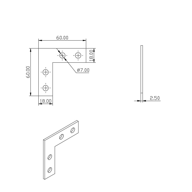 90-degree steel L-shape flat corner plate for reinforcing 2020, 2525, and 4040 T-slot aluminum extrusion joints.