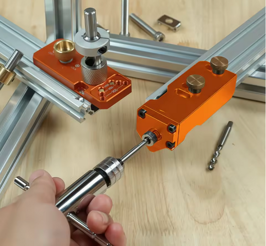 Aluminum profile end threading jig used to align a tap perfectly with the center bore of 2020, 3030, and 4040 extrusions