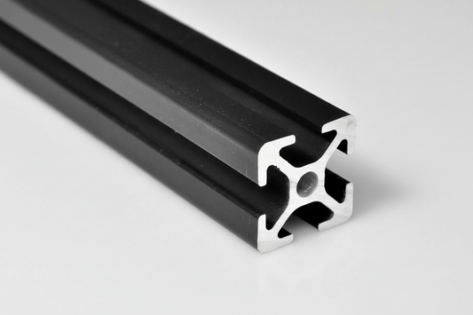 End view of 2020 aluminum T-slot profile extrusion showing 20mm x 20mm 4-slot configuration in black finish