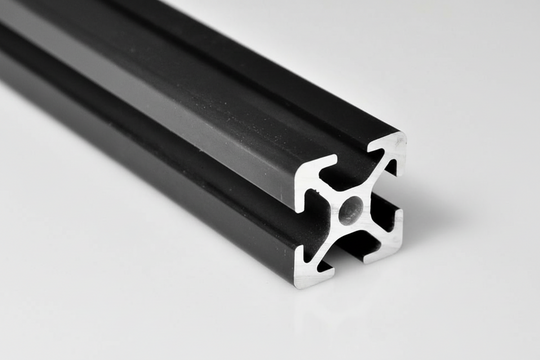 End view of 2020 aluminum T-slot profile extrusion showing 20mm x 20mm 4-slot configuration in black finish