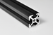 End view of 2020 aluminum T-slot profile extrusion showing 20mm x 20mm 4-slot configuration in black finish