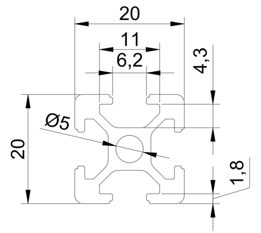 End view of 2020 aluminum T-slot profile extrusion showing 20mm x 20mm dimensions and 4-slot configuration in silver finish.