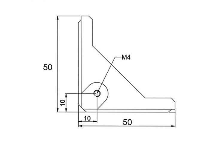 Black powder coated 2020 series 4-hole inside corner bracket with integrated center hole for panel attachment, die-cast aluminium construction dimensions