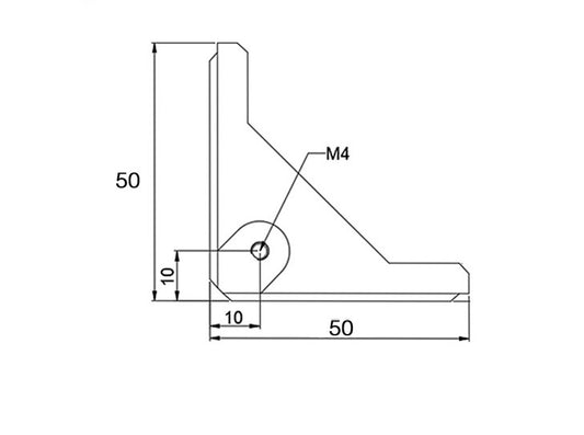 Black powder coated 2020 series 4-hole inside corner bracket with integrated center hole for panel attachment, die-cast aluminium construction dimensions