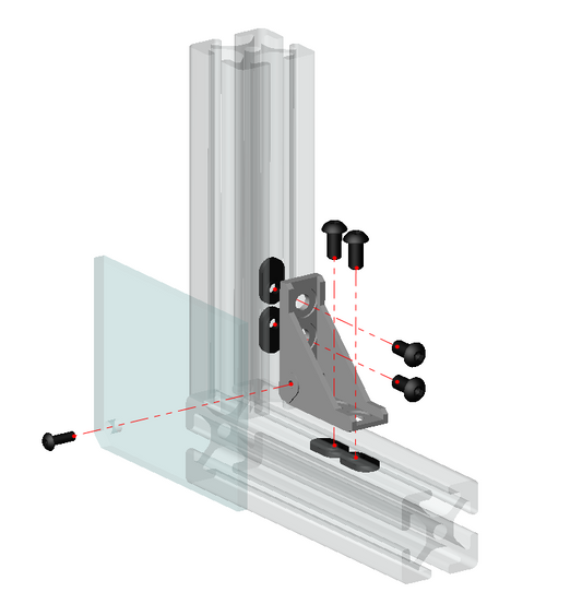 Black powder coated 2020 series 4-hole inside corner bracket with integrated center hole for panel attachment, die-cast aluminium construction.
