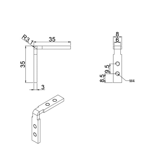 90-degree L-shaped inside corner connector for 2020 series T-slot aluminium extrusion, nickel plated steel hidden joint fastener with grub screws dimensions
