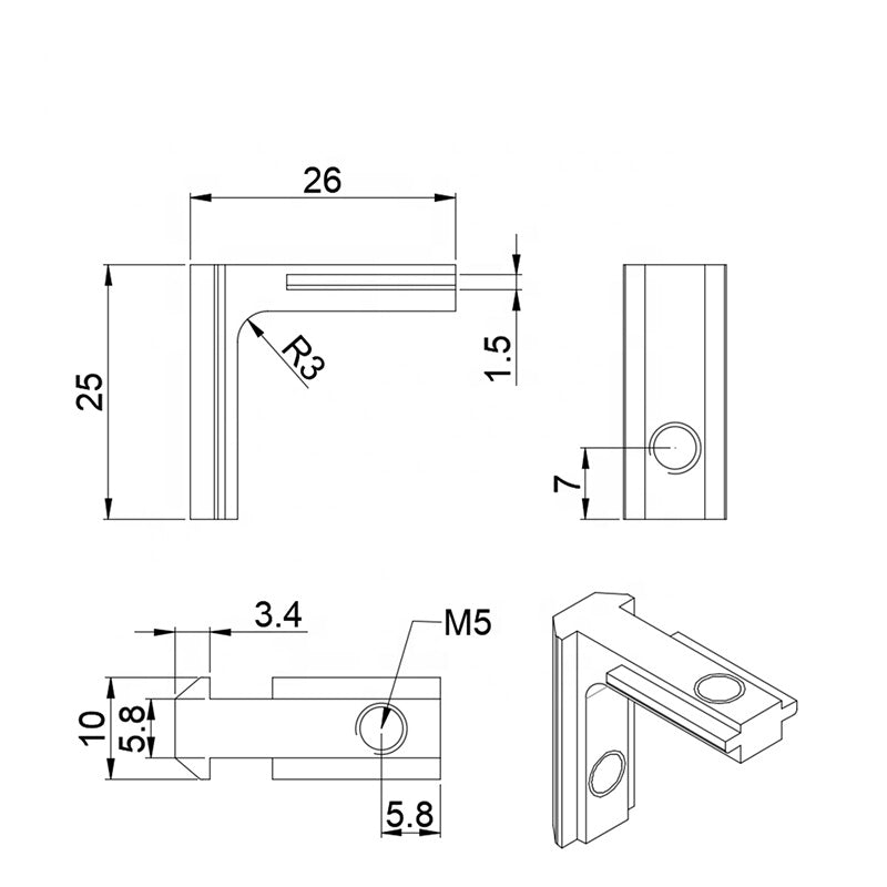 2020 series self-aligning inside corner connector for T-slot aluminium extrusion, die-cast zinc 90-degree joint with alignment tabs dimensions