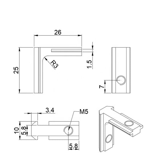 2020 series self-aligning inside corner connector for T-slot aluminium extrusion, die-cast zinc 90-degree joint with alignment tabs dimensions