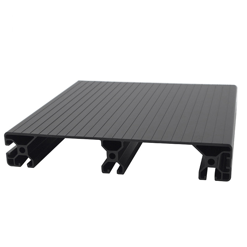 Cross-section view of 240mm wide 4040 aluminum T-slot profile plank in  black and silver anodized finish