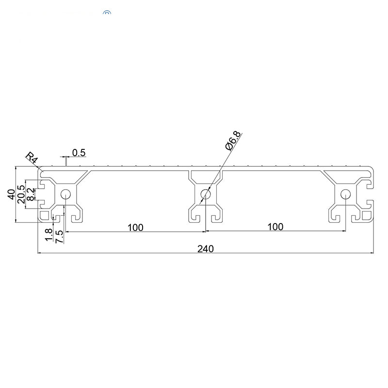 Technical drawing and dimensions for 240mm wide aluminum T-slot plank showing 4040 series profile measurements and slot spacing.