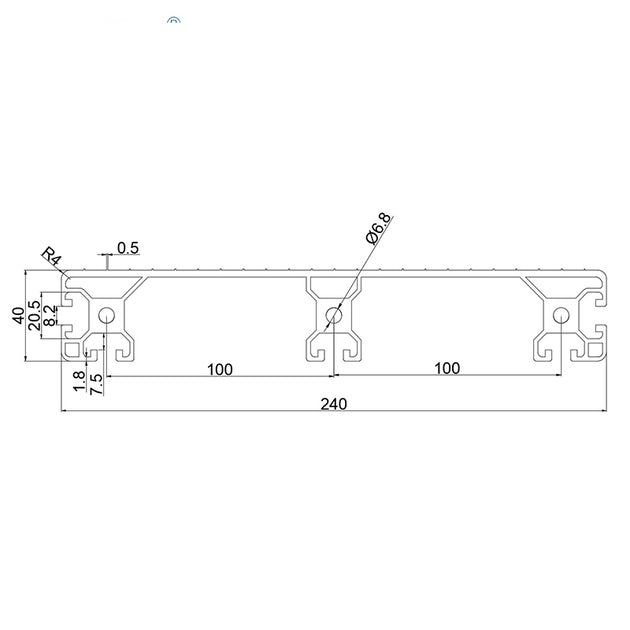 Technical drawing and dimensions for 240mm wide aluminum T-slot plank showing 4040 series profile measurements and slot spacing.