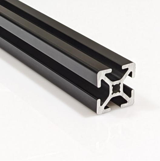End view cross-section of a 2525 aluminum T-slot profile showing 25mm x 25mm dimensions and 4-slot layout for modular framing.