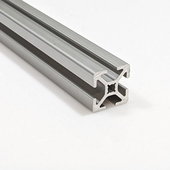 End view cross-section of a 2525 aluminum T-slot profile showing 25mm x 25mm dimensions and 4-slot layout for modular framing.