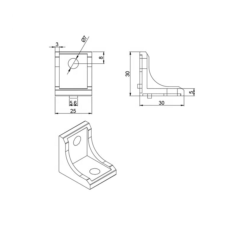 Silver 2525 series die cast aluminium 2-hole inside corner bracket with reinforcement gusset for T-slot profiles