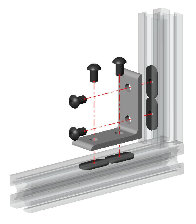 Industrial 2525 series 4-hole lite inside corner tall bracket for T-slot aluminium extrusion, silver finish without gusset