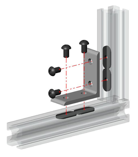 Industrial 2525 series 4-hole lite inside corner tall bracket for T-slot aluminium extrusion, silver finish without gusset