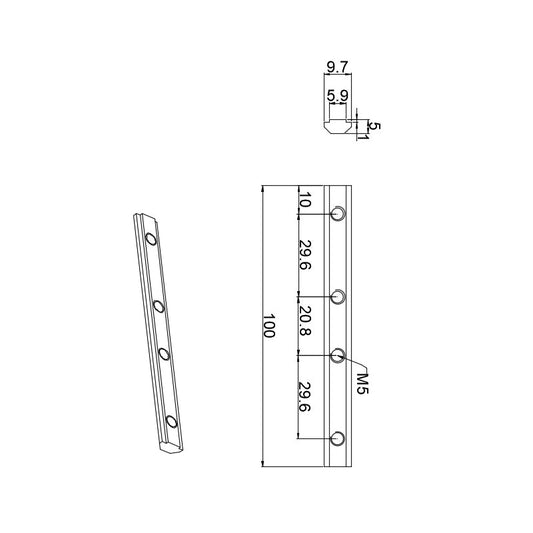 Concealed T-connector and profile joining bar dimensions for 2525 aluminum T-slot systems, featuring internal M5 threads and a flush-mount design