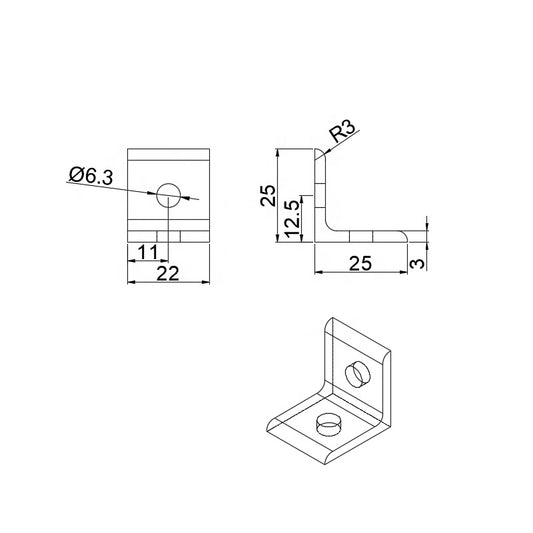 2525 T-Slot 2-Hole Lite Inside Corner Bracket