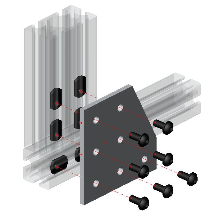 Heavy-duty 7-hole 90-degree flat L-shape joining plate for 4040 to 4080 series T-slot aluminium extrusion, reinforced steel corner transition connector