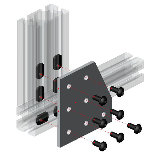 Heavy-duty 7-hole 90-degree flat L-shape joining plate for 4040 to 4080 series T-slot aluminium extrusion, reinforced steel corner transition connector