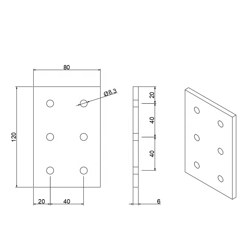 6-hole rectangular flat joining plate for connecting 4040 to 4080 series T-slot aluminium extrusion dimensions