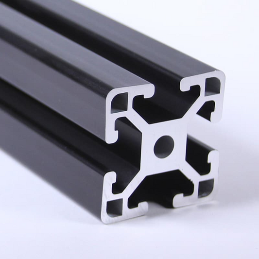 End view of 4040 aluminum T-slot profile extrusion showing 40mm x 40mm dimensions and 4-slot symmetry in a black finish.