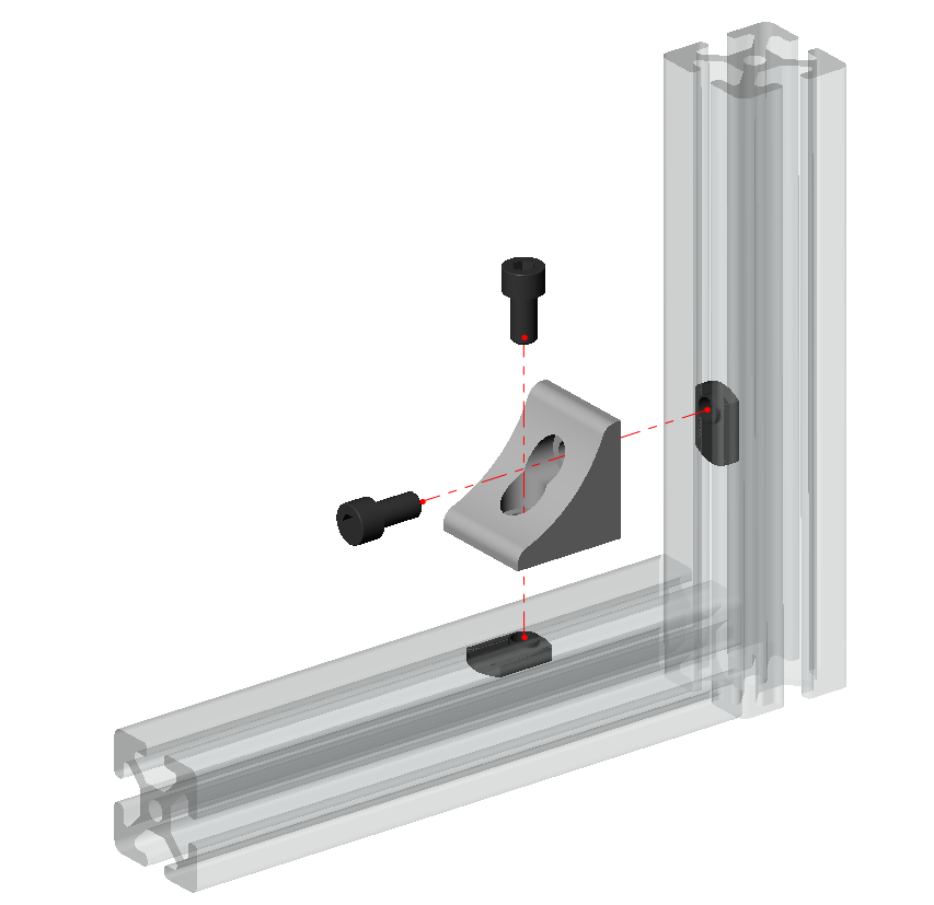 4040 series 2-hole inside corner bracket with concave reinforcement gusset, silver aluminium for T-slot extrusion joints