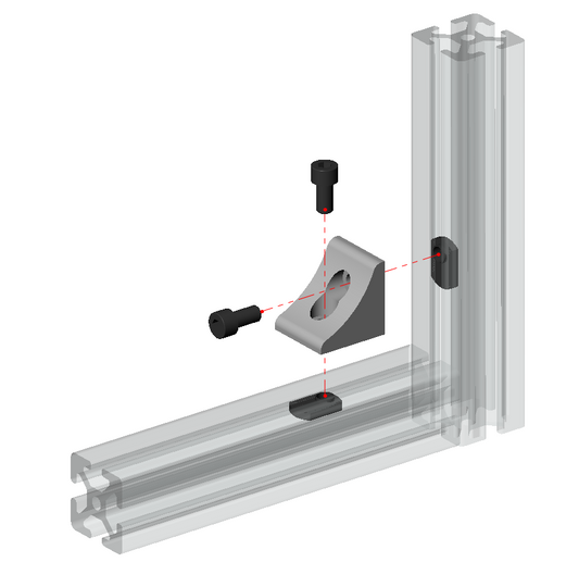 4040 series 2-hole inside corner bracket with concave reinforcement gusset, silver aluminium for T-slot extrusion joints