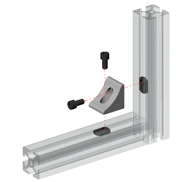 4040 series 2-hole inside corner bracket with concave reinforcement gusset, silver aluminium for T-slot extrusion joints