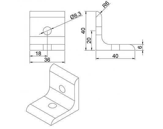 Sleek 4040 series 2-hole lite inside corner bracket for T-slot aluminium extrusion, low-profile design without gusset dimensions