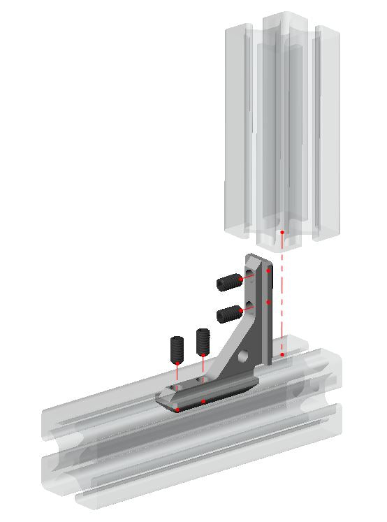 Silver 4040 series 4-hole inside corner bracket with integrated center hole for panel attachment, die-cast aluminium construction