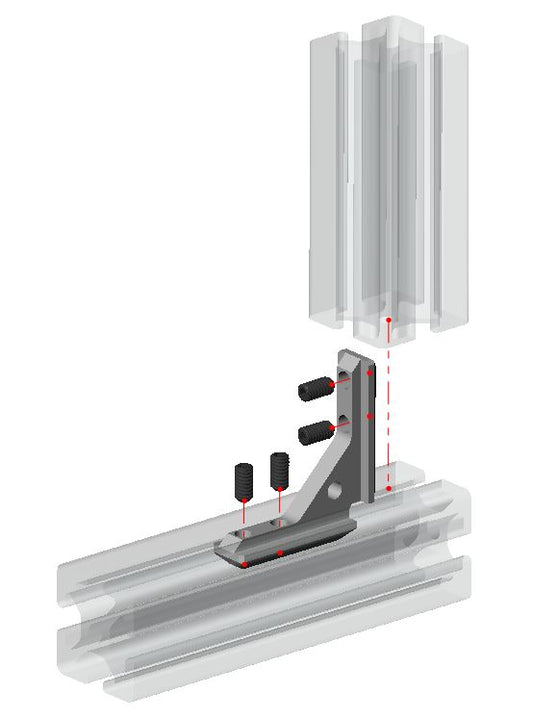 Silver 4040 series 4-hole inside corner bracket with integrated center hole for panel attachment, die-cast aluminium construction